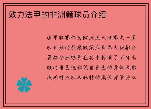 效力法甲的非洲籍球员介绍